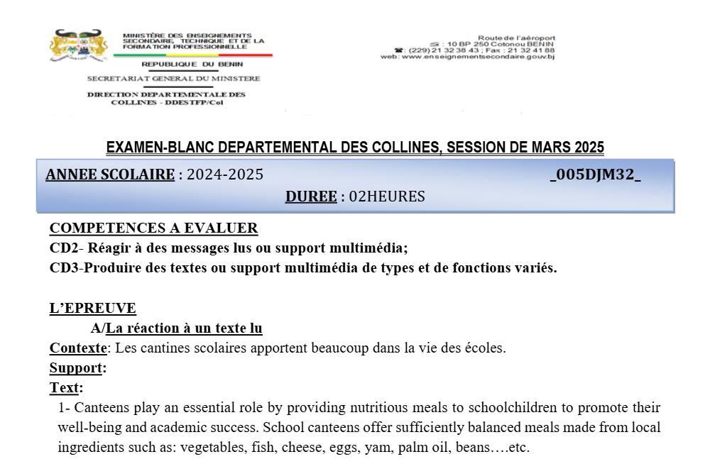 Aperçu de la première page — Anglais BEPC Blanc Collines 2025