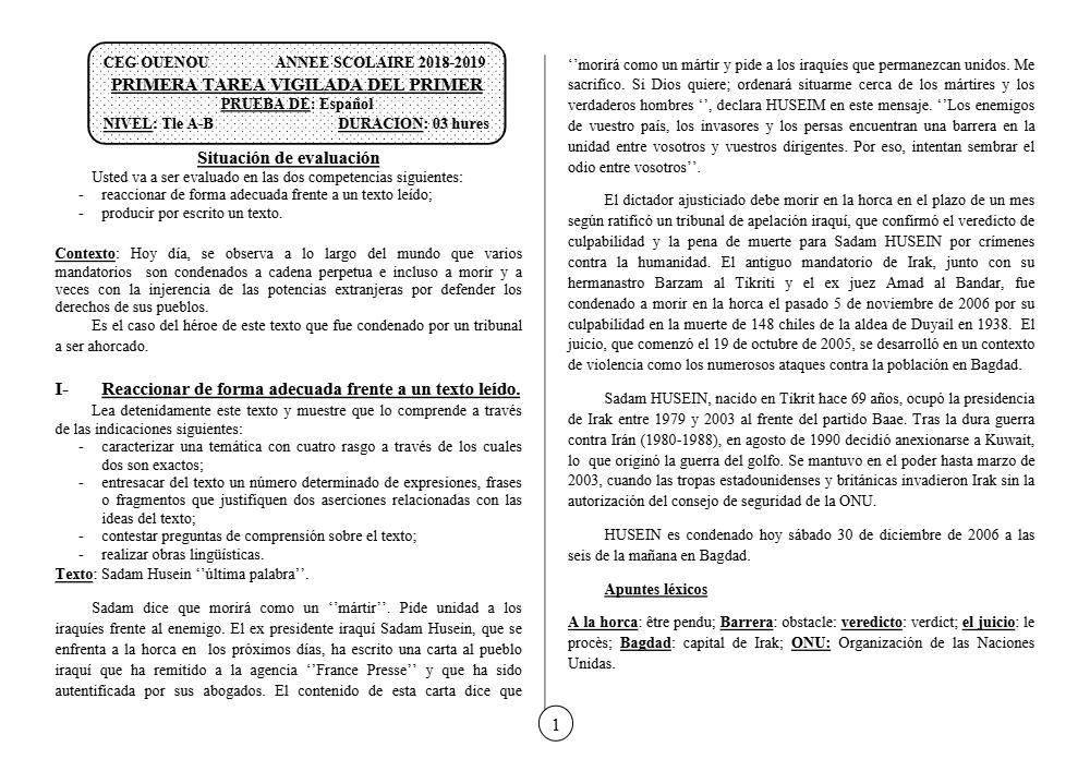 Aperçu de la première page — Tle A1 A2 B Espagnol 1er Devoir 1er Semestre CEG Ouenou 2018 2019