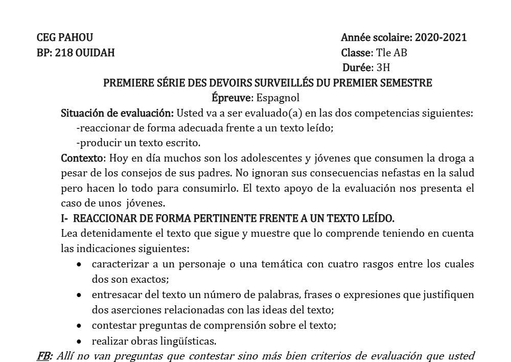 Aperçu de la première page — Tle A1 A2 B Espagnol 1er Devoir 1er Semestre CEG Pahou 2020 2021