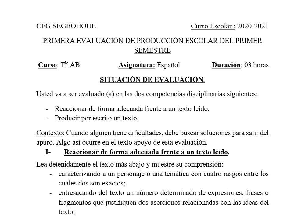 Aperçu de la première page — Tle A1 A2 B Espagnol 1er Devoir 1er Semestre CEG Segbohoue 2020 2021