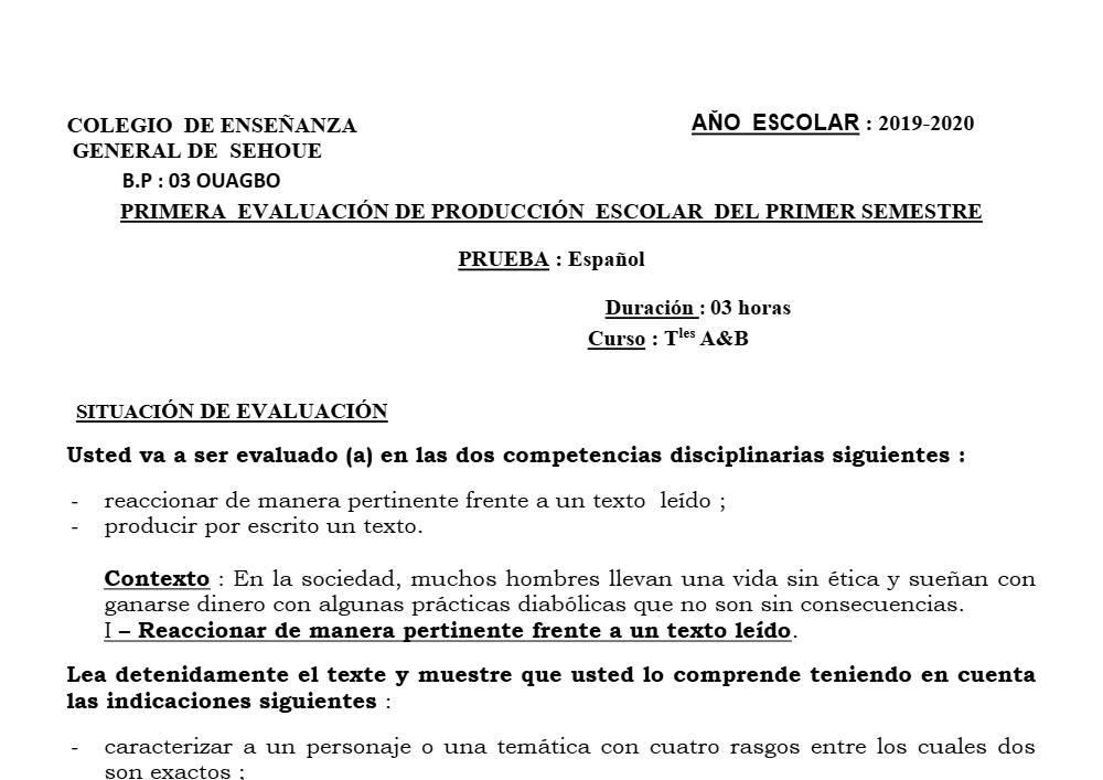 Aperçu de la première page — Tle A1 A2 B Espagnol 1er Devoir 1er Semestre CEG Sehoue 2019 2020