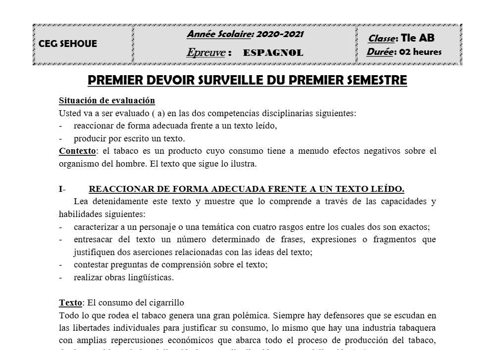 Aperçu de la première page — Tle A1 A2 B Espagnol 1er Devoir 1er Semestre CEG Sehoue 2020 2021