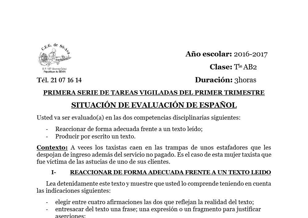 Aperçu de la première page — Tle A1 A2 B Espagnol 1er Devoir 1er Semestre CEG So Ava 2019 2020