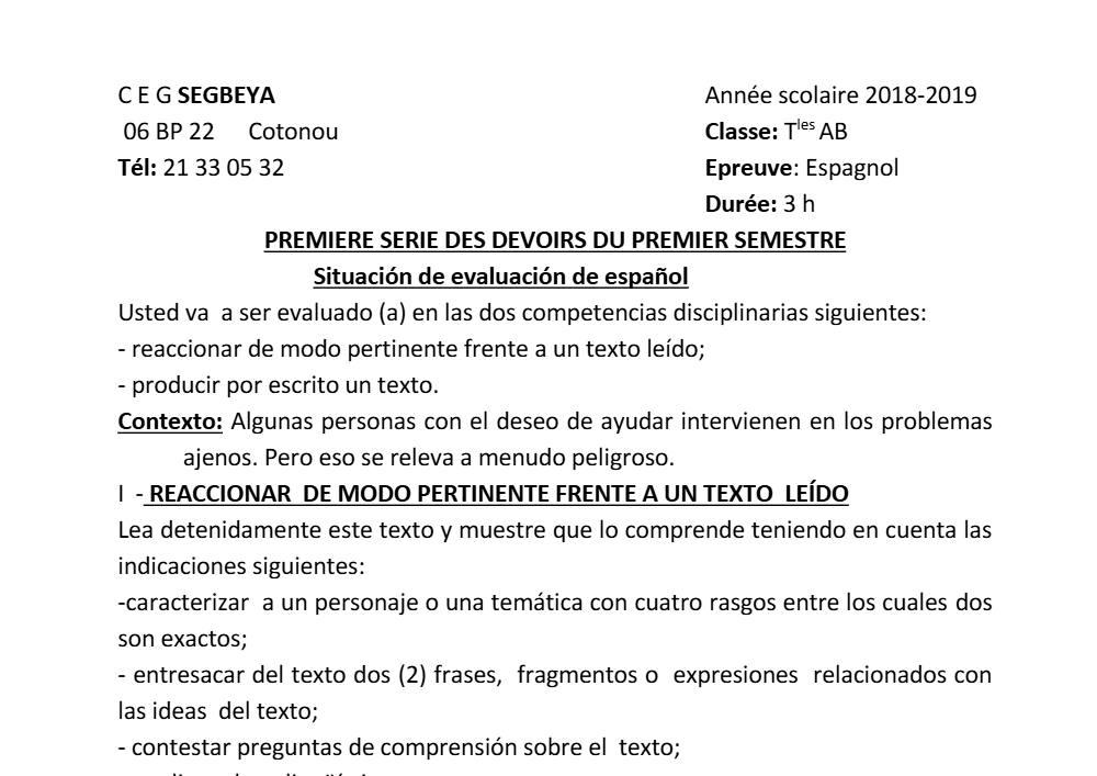 Aperçu de la première page — Tle A1 A2 B Espagnol 1er Devoir 1er Semestre CEG Ségbéya 2018 2019