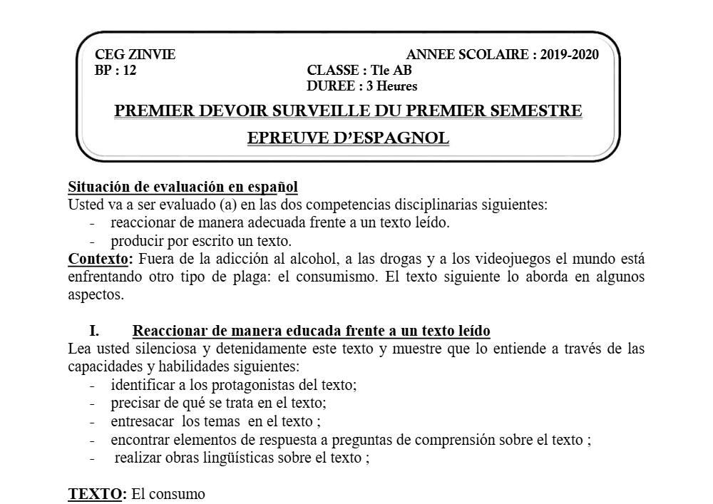 Aperçu de la première page — Tle A1 A2 B Espagnol 1er Devoir 1er Semestre CEG Zinvié 2019 2020
