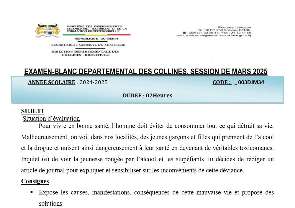 Aperçu de la première page — Communication Écrite BEPC Blanc Collines 2025