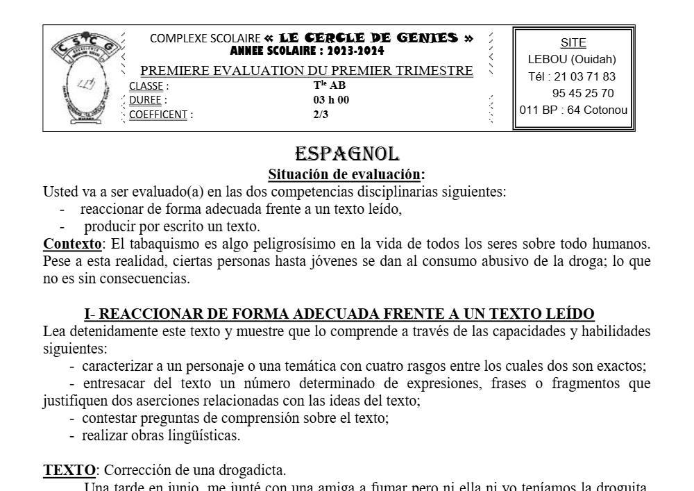 Aperçu de la première page — Tle A1 A2 B Espagnol 1er Devoir 1er Trimestre CP Le Cercle Genies 2023 2024