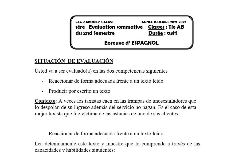 Aperçu de la première page — Tle A1 A2 B Espagnol 1er Devoir 2ème Semestre CEG2 Bomey Calavi 2021 2022