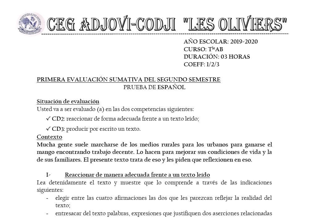 Aperçu de la première page — Tle A1 A2 B Espagnol 1er Devoir 2ème Semestre CEG Adjovi Codji 2019 2020