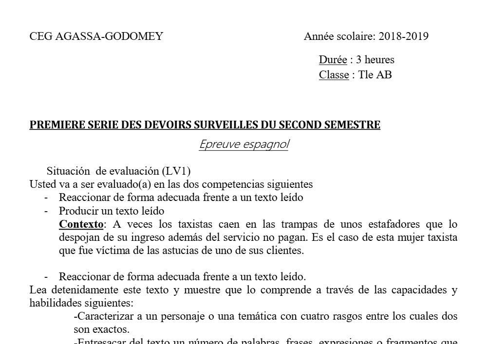 Aperçu de la première page — Tle A1 A2 B Espagnol 1er Devoir 2ème Semestre CEG Agassa Godomey 2018 2019