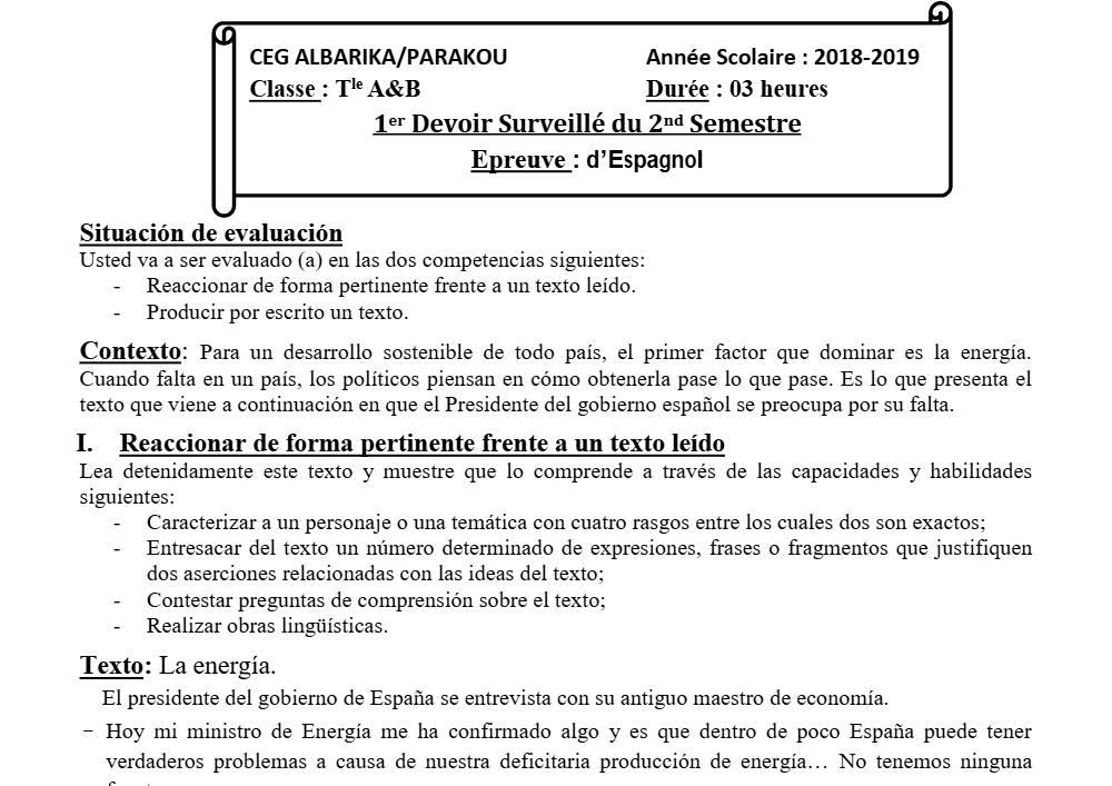 Aperçu de la première page — Tle A1 A2 B Espagnol 1er Devoir 2ème Semestre CEG Albarika 2018 2019