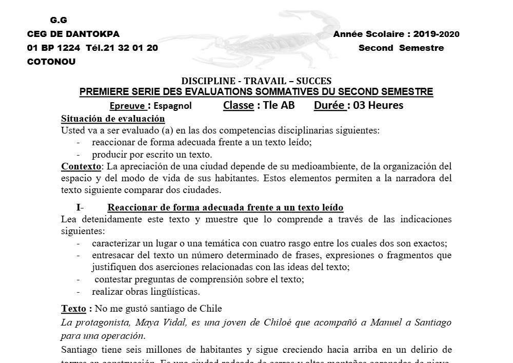 Aperçu de la première page — Tle A1 A2 B Espagnol 1er Devoir 2ème Semestre CEG Dantokpa 2019 2020 (2)