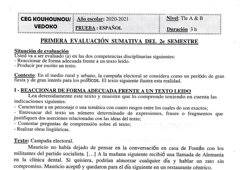 Aperçu de la première page — Tle A1 A2 B Espagnol 1er Devoir 2ème Semestre CEG K Vedoko 2020 2021