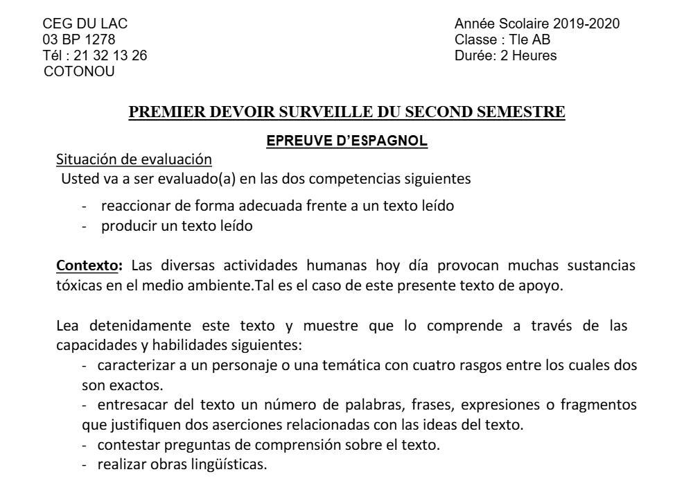 Aperçu de la première page — Tle A1 A2 B Espagnol 1er Devoir 2ème Semestre CEG Lac 2019 2020