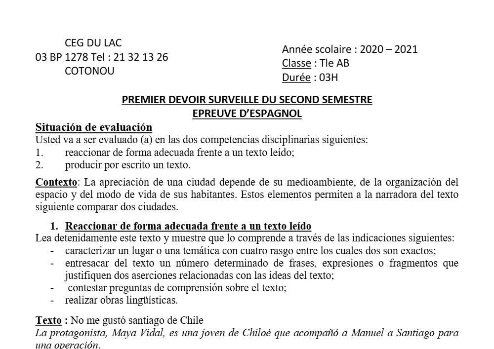 Aperçu de la première page — Tle A1 A2 B Espagnol 1er Devoir 2ème Semestre CEG Lac 2020 2021