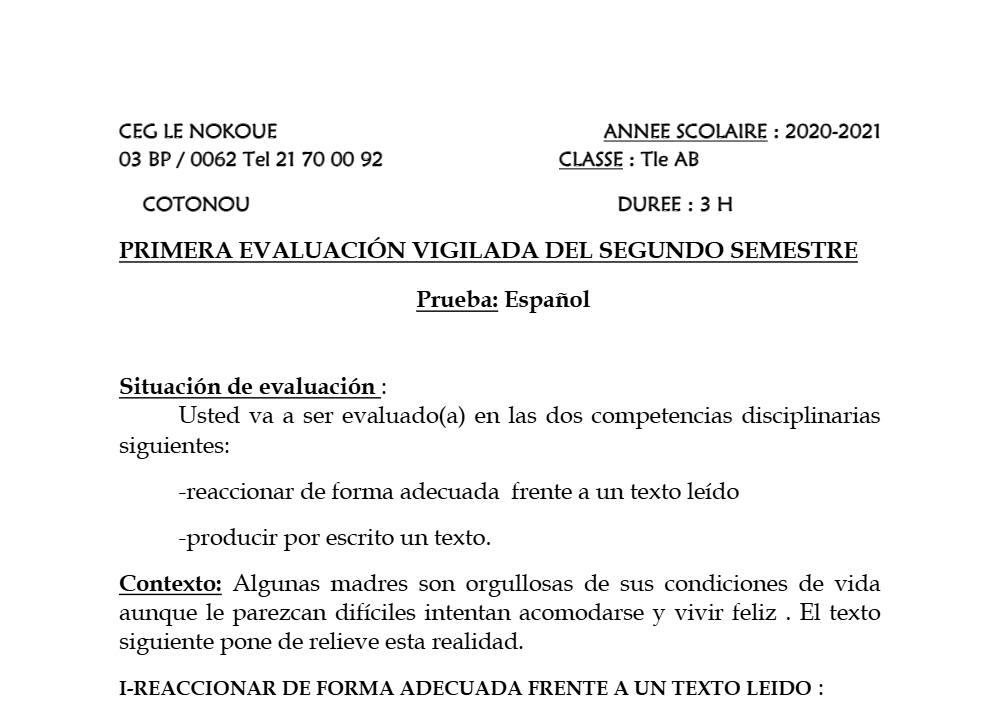 Aperçu de la première page — Tle A1 A2 B Espagnol 1er Devoir 2ème Semestre CEG Le Nokoué 2020 2021