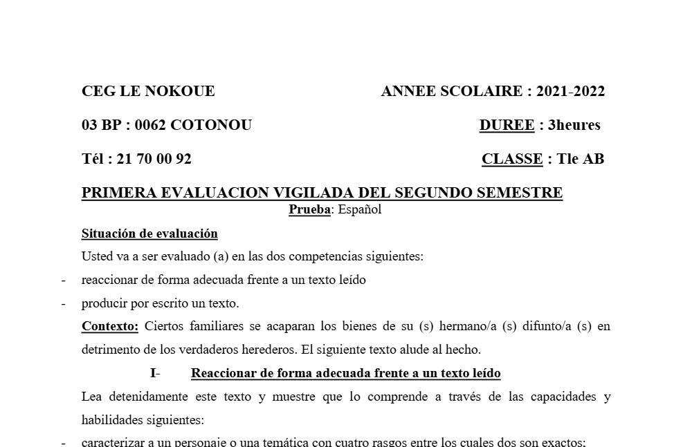 Aperçu de la première page — Tle A1 A2 B Espagnol 1er Devoir 2ème Semestre CEG Le Nokoué 2021 2022
