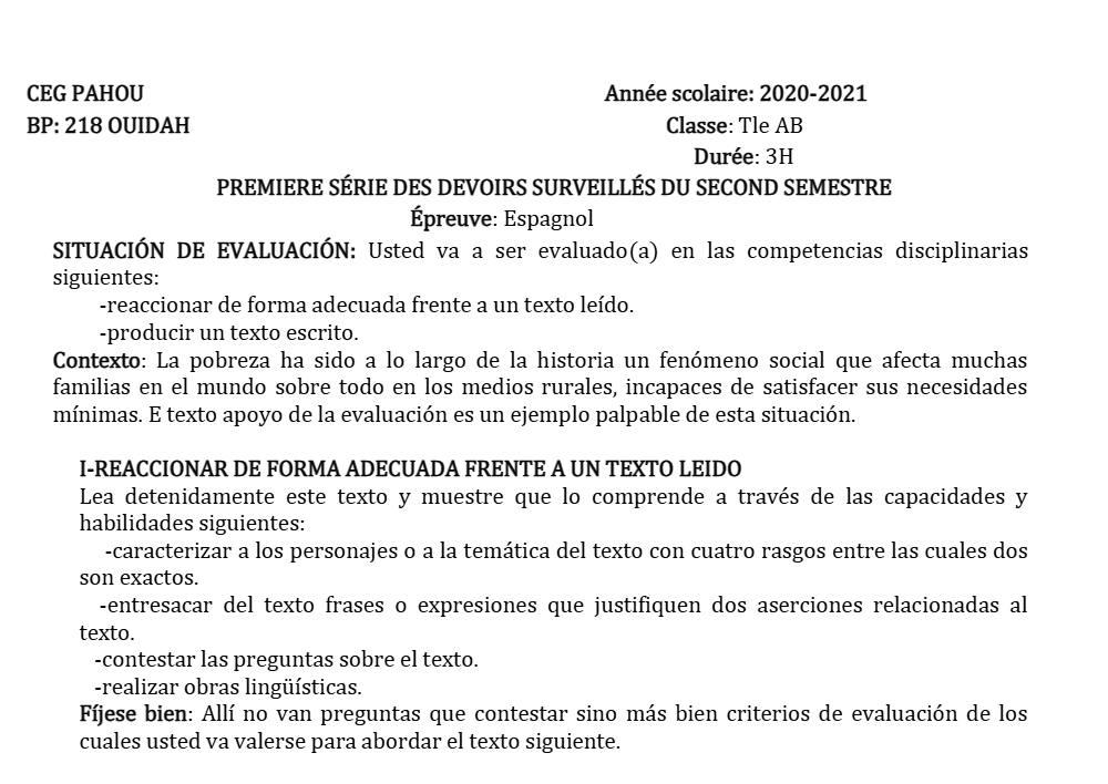 Aperçu de la première page — Tle A1 A2 B Espagnol 1er Devoir 2ème Semestre CEG Pahou 2020 2021