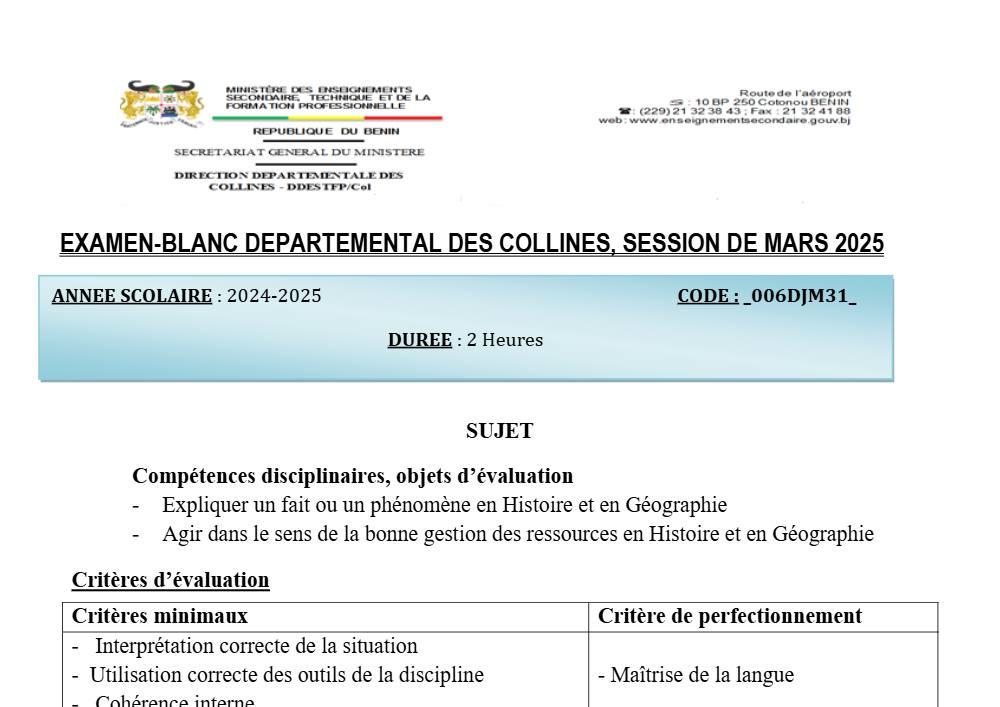 Aperçu de la première page — Histoire Géographie BEPC Blanc Collines 2025