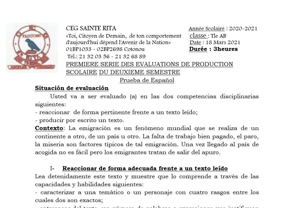Aperçu de la première page — Tle A1 A2 B Espagnol 1er Devoir 2ème Semestre CEG Sainte Rita 2020 2021