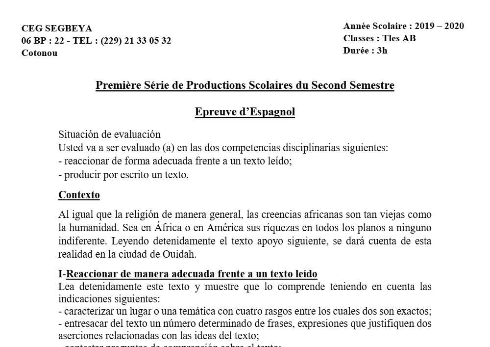 Aperçu de la première page — Tle A1 A2 B Espagnol 1er Devoir 2ème Semestre CEG Ségbéya 2019 2020