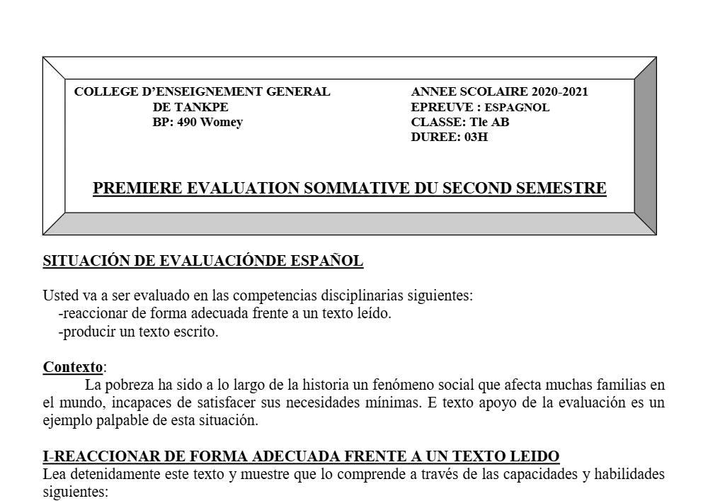 Aperçu de la première page — Tle A1 A2 B Espagnol 1er Devoir 2ème Semestre CEG Tankpè 2020 2021