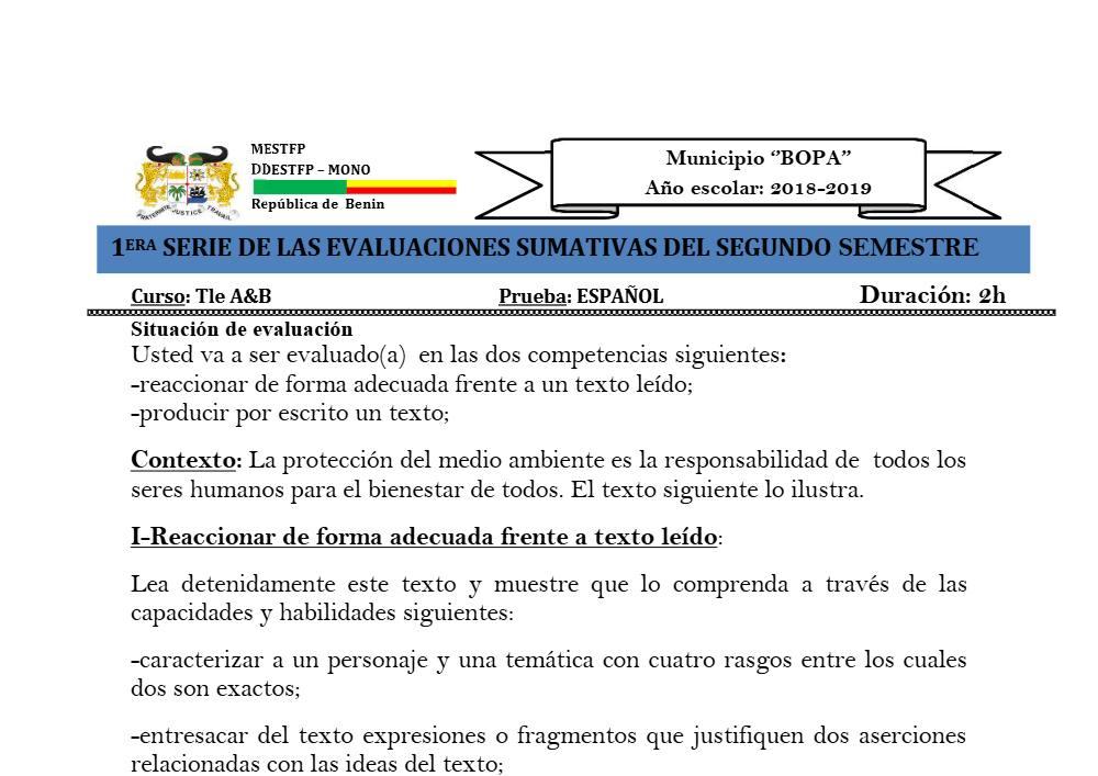 Aperçu de la première page — Tle A1 A2 B Espagnol 1er Devoir 2ème Semestre Zone Bopa 2018 2019