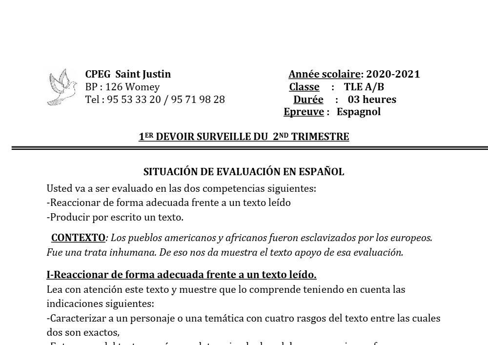 Aperçu de la première page — Tle A1 A2 B Espagnol 1er Devoir 2ème Trimestre CPEG Saint Justin 2021