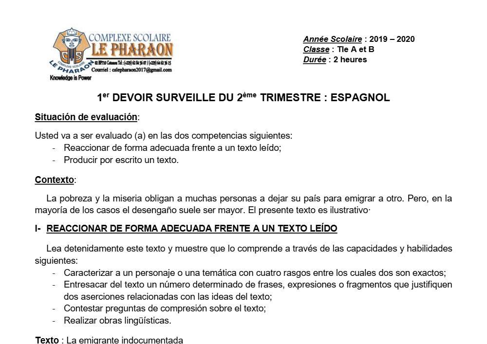 Aperçu de la première page — Tle A1 A2 B Espagnol 1er Devoir 2ème Trimestre CS Le Pharaon 2019 2020