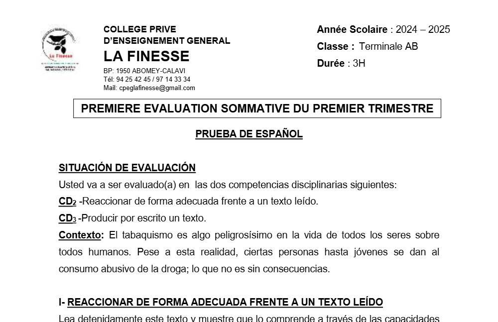 Aperçu de la première page — Tle A1 A2 B Espagnol 1ère Évaluation sommative 1er Trimestre CPEG Finesse 2024 2025