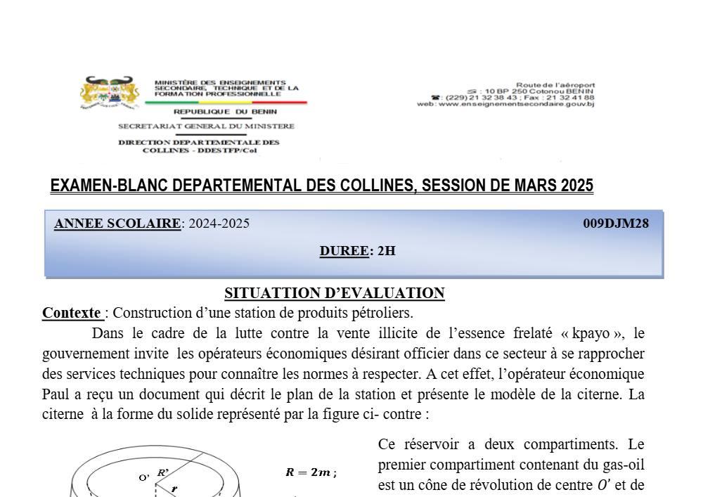 Aperçu de la première page — Mathématiques BEPC Blanc Collines 2025
