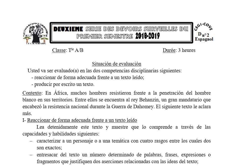 Aperçu de la première page — Tle A1 A2 B Espagnol 2ème Devoir 1er Semestre CEG1 Cove 2018 2019