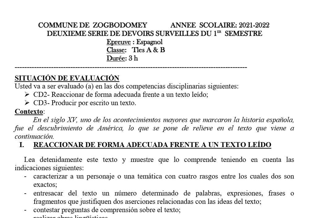 Aperçu de la première page — Tle A1 A2 B Espagnol 2ème Devoir 1er Semestre CEG1 Zogbodomey 2021 2022