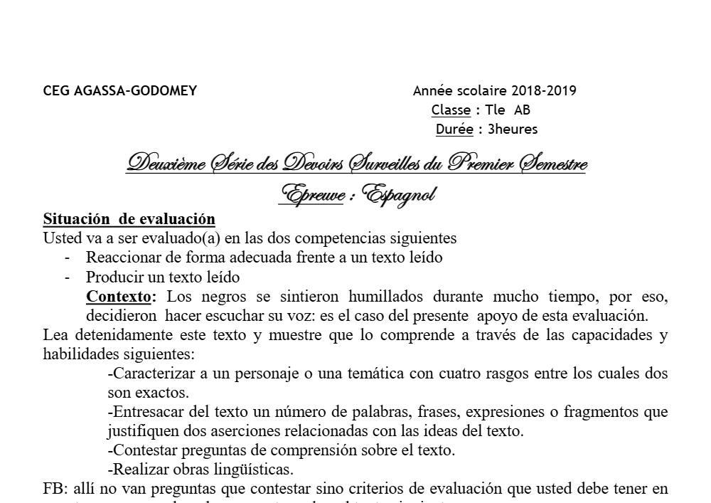 Aperçu de la première page — Tle A1 A2 B Espagnol 2ème Devoir 1er Semestre CEG Agassa Godomey 2018 2019