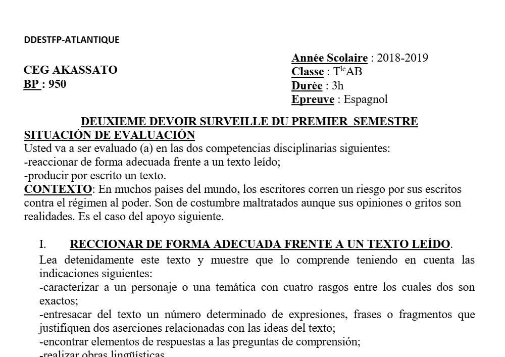 Aperçu de la première page — Tle A1 A2 B Espagnol 2ème Devoir 1er Semestre CEG Akassato 2018 2019