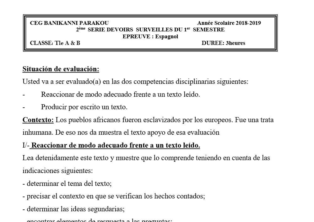 Aperçu de la première page — Tle A1 A2 B Espagnol 2ème Devoir 1er Semestre CEG Banikanni 2018 2019