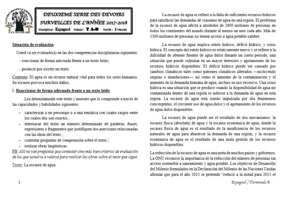 Aperçu de la première page — Tle A1 A2 B Espagnol 2ème Devoir 1er Semestre CEG Cove 2017 2018