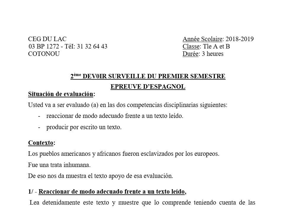 Aperçu de la première page — Tle A1 A2 B Espagnol 2ème Devoir 1er Semestre CEG Lac 2018 2019