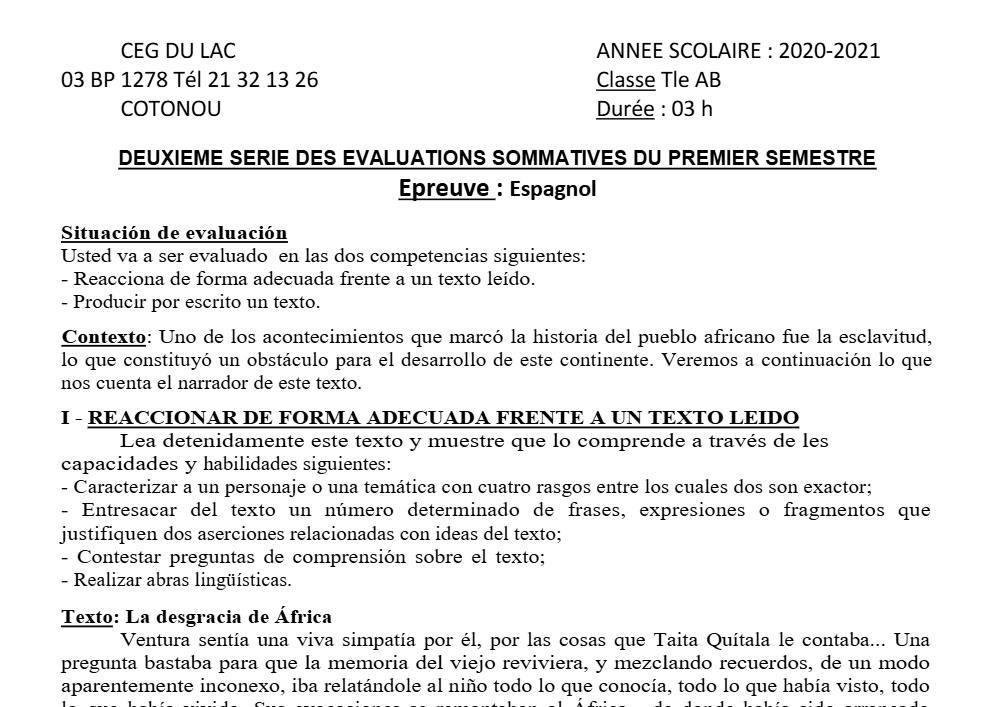 Aperçu de la première page — Tle A1 A2 B Espagnol 2ème Devoir 1er Semestre CEG Lac 2020 2021