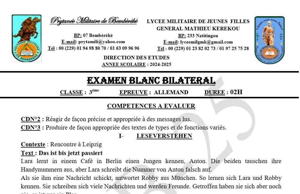 Aperçu de la première page — Allemand BEPC Blanc Bembèrèkè 2025