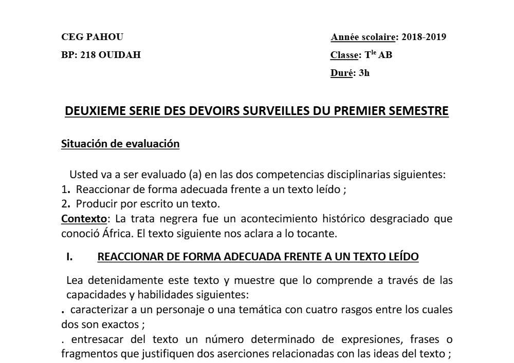 Aperçu de la première page — Tle A1 A2 B Espagnol 2ème Devoir 1er Semestre CEG Pahou 2018 2019