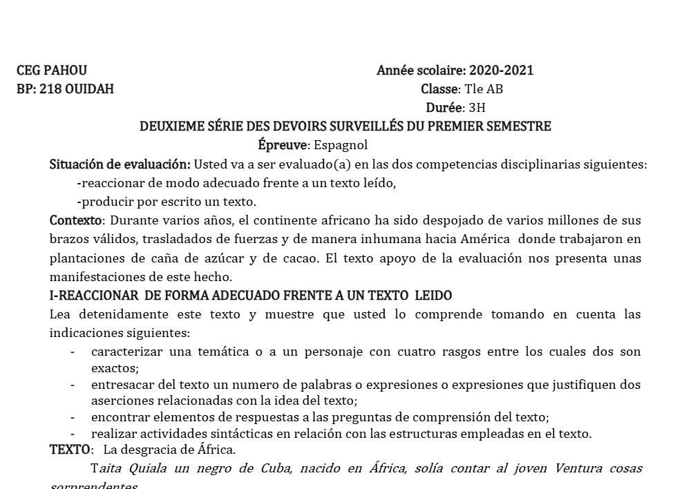 Aperçu de la première page — Tle A1 A2 B Espagnol 2ème Devoir 1er Semestre CEG Pahou 2020 2021