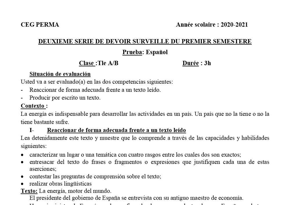 Aperçu de la première page — Tle A1 A2 B Espagnol 2ème Devoir 1er Semestre CEG Perma 2020 2021