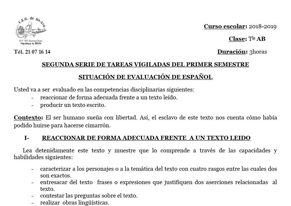 Aperçu de la première page — Tle A1 A2 B Espagnol 2ème Devoir 1er Semestre CEG So Ava 2018 2019