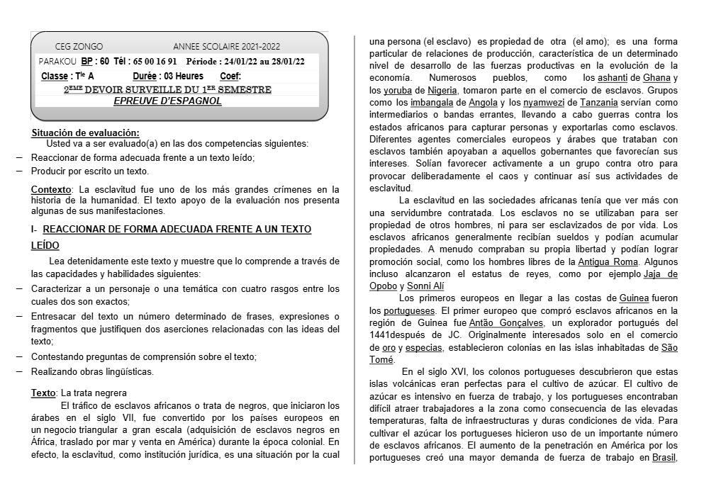 Aperçu de la première page — Tle A1 A2 B Espagnol 2ème Devoir 1er Semestre CEG Zongo 2021 2022
