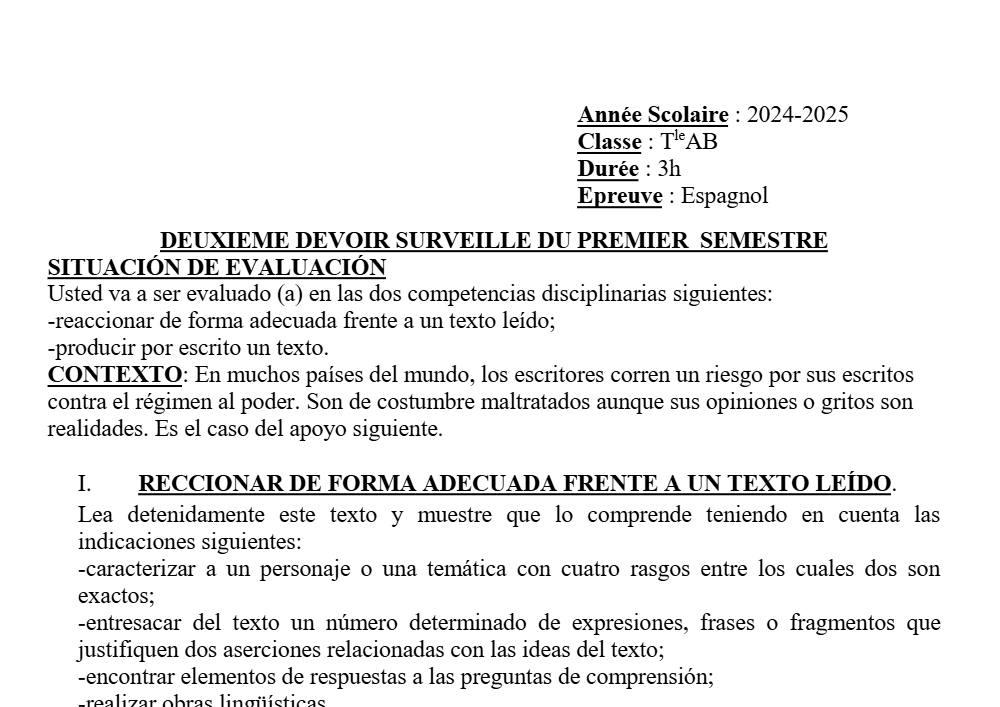 Aperçu de la première page — Tle A1 A2 B Espagnol 2ème Devoir 1er Semestre Collège D'Enseignement Général 2024 2025