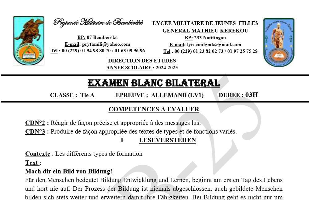 Aperçu de la première page — Allemand LV1 Série A BAC Blanc Bembèrèkè 2025