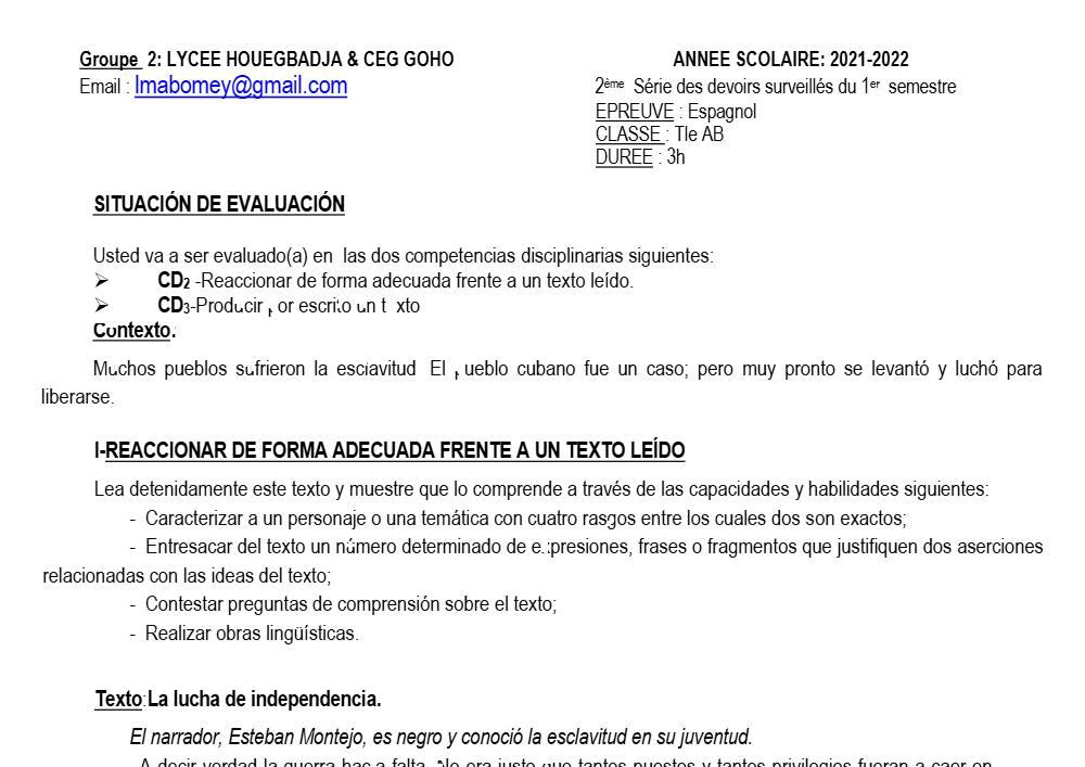 Aperçu de la première page — Tle A1 A2 B Espagnol 2ème Devoir 1er Semestre Lycée Houegbagja D'Abomey 2021 2022