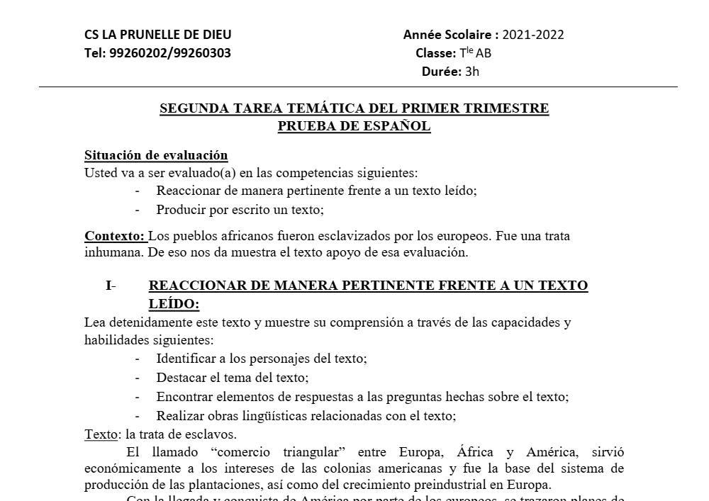 Aperçu de la première page — Tle A1 A2 B Espagnol 2ème Devoir 1er Trimestre CPEG Prunelle Dieu 2021 2022