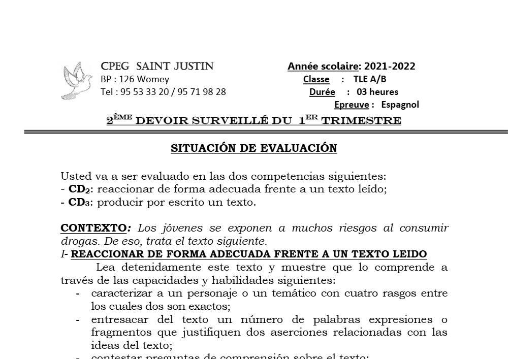 Aperçu de la première page — Tle A1 A2 B Espagnol 2ème Devoir 1er Trimestre CPEG Saint Justin 2021 2022